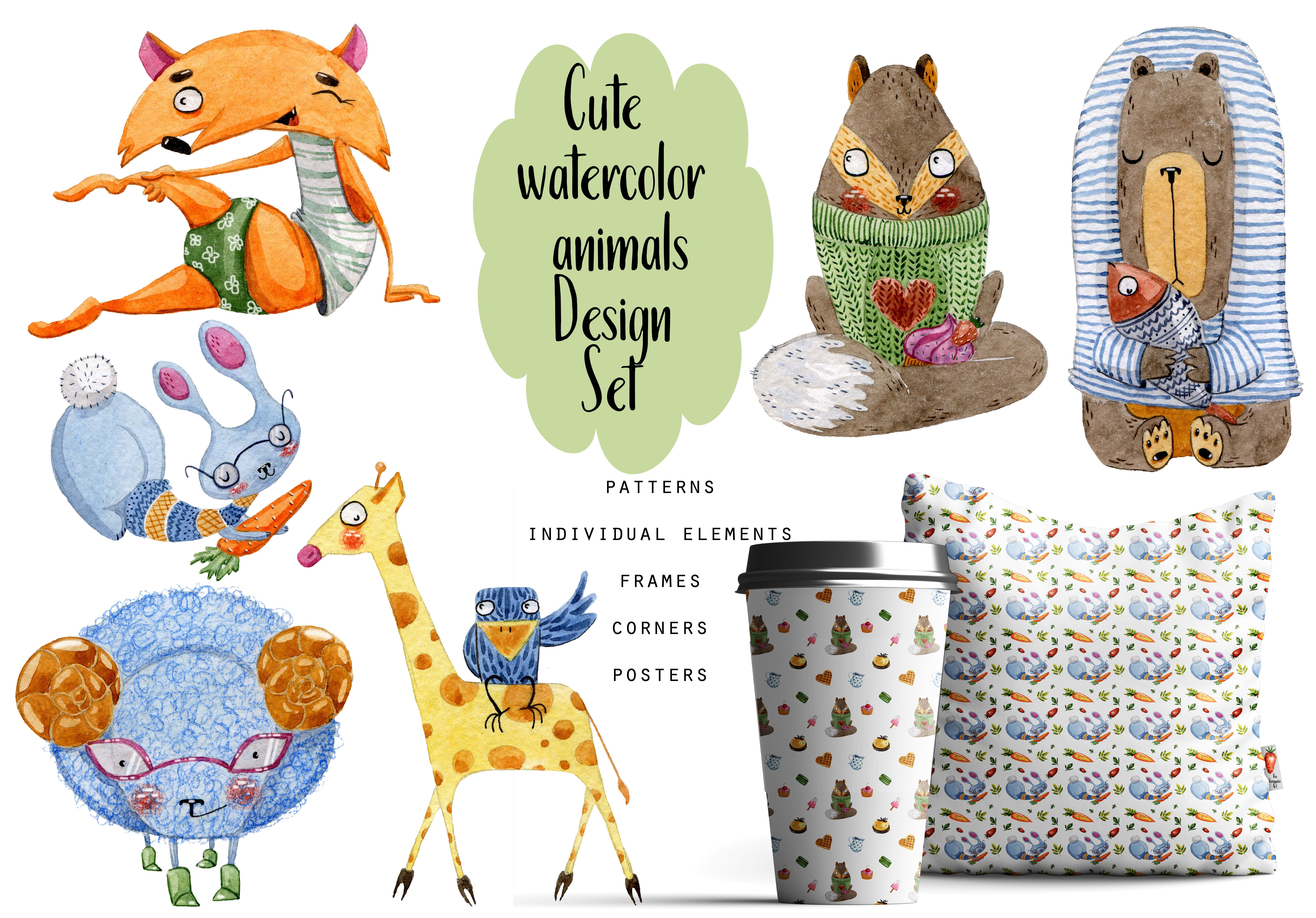 Cute watercolor animals Design Set cover image.