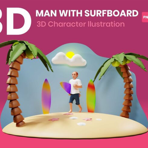 Man With Surfboard 3D Character cover image.