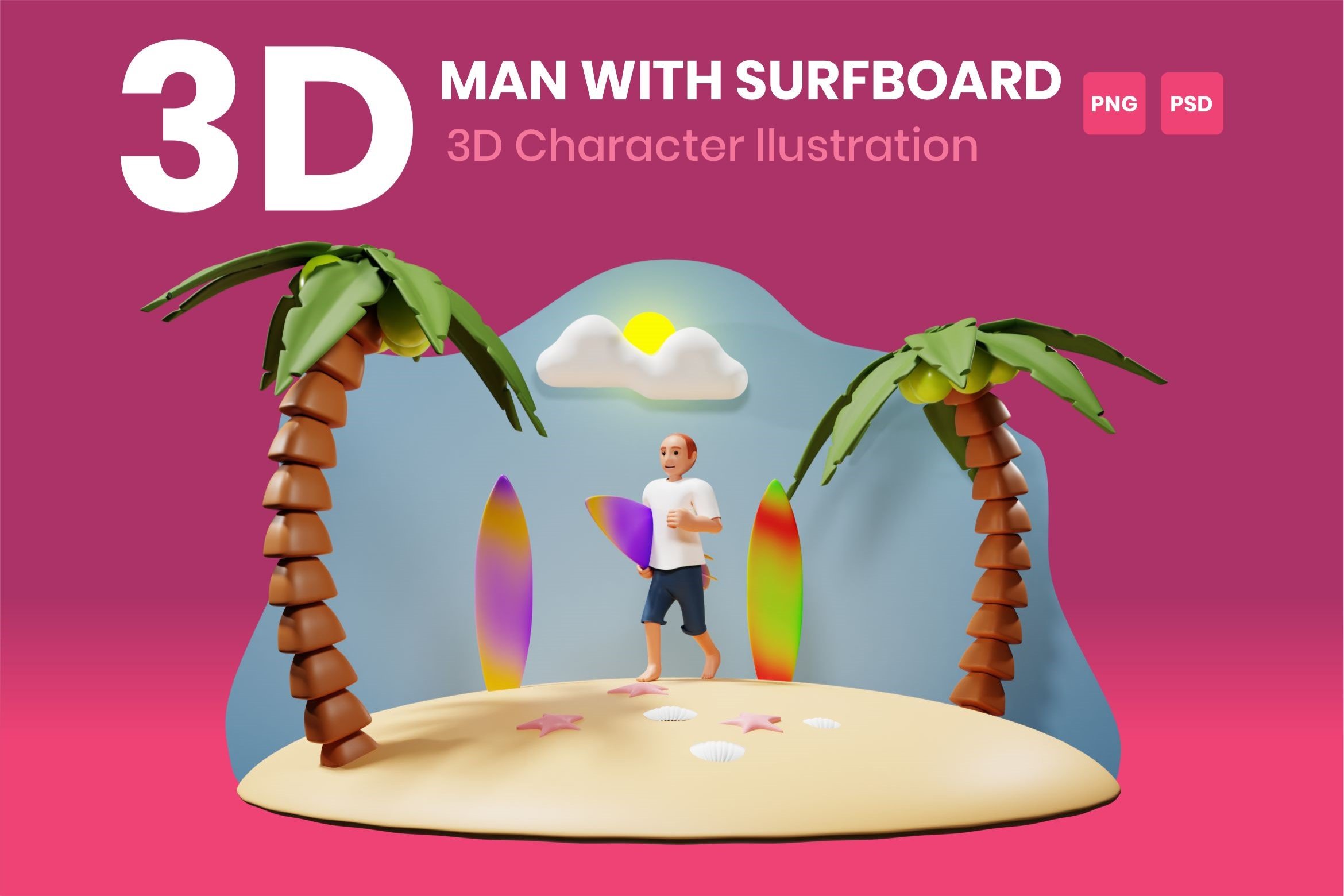 Man With Surfboard 3D Character cover image.