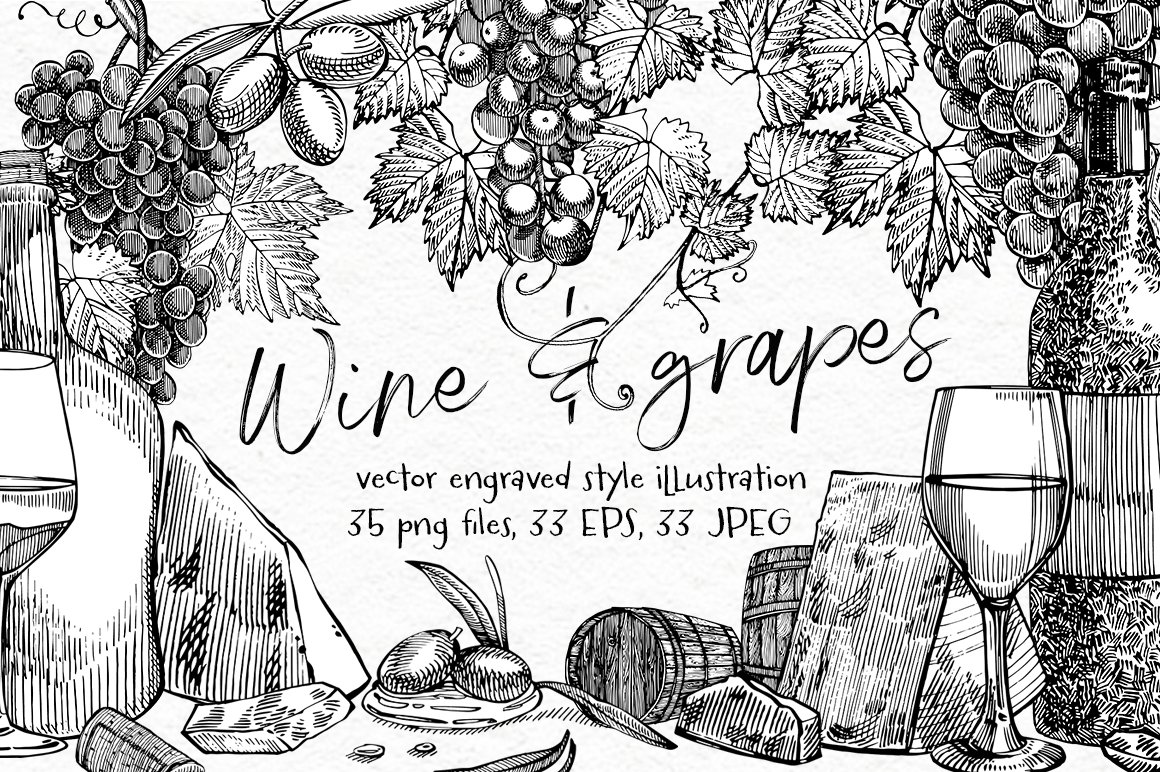 Wine and grapes set illustrations cover image.