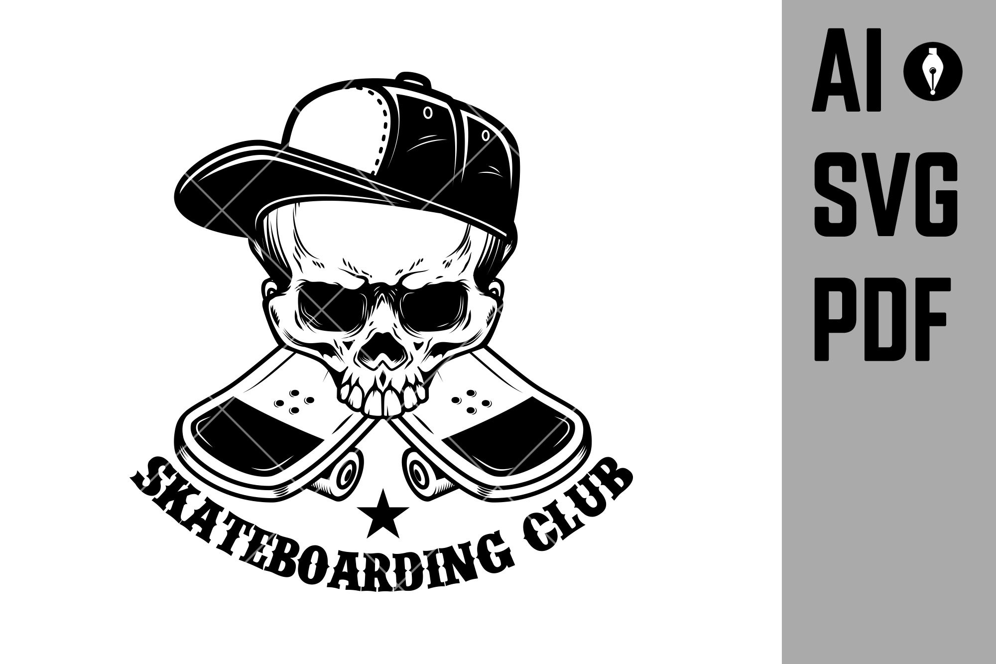 Skateboarder skull with skateboards preview image.
