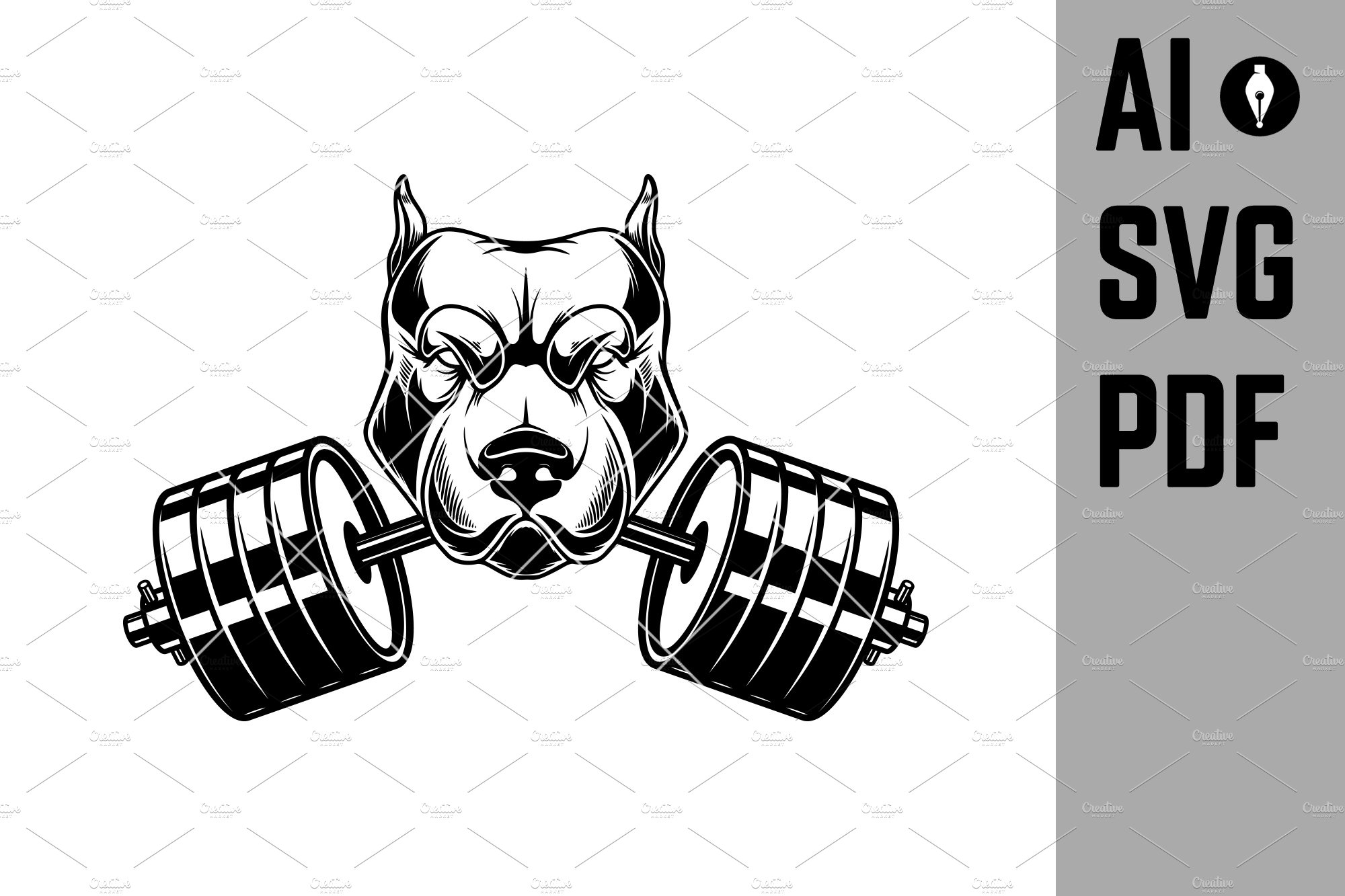 dog head with gym barbell in teeth cover image.