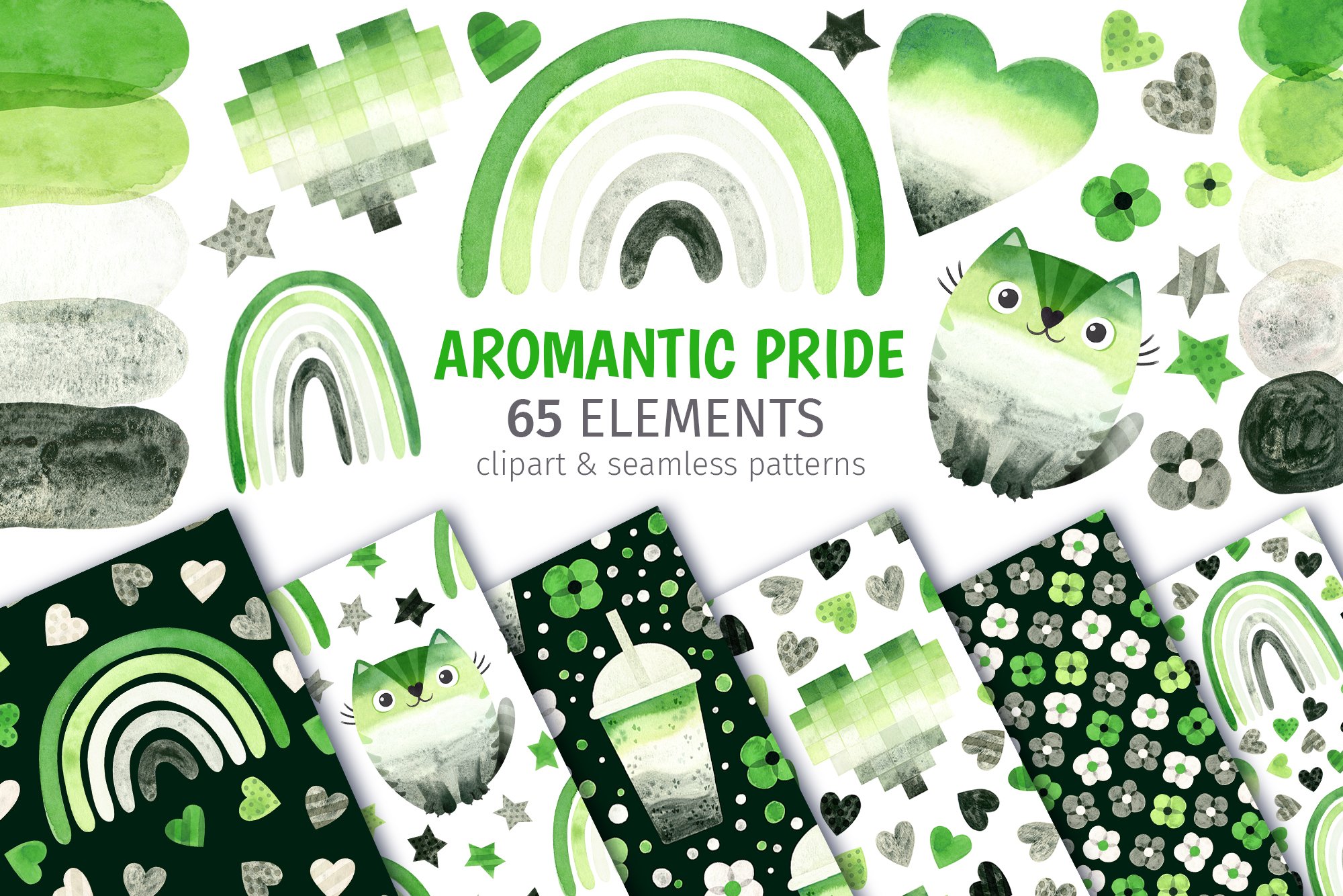 Aromantic pride clipart and patterns cover image.