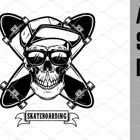 Skateboarder skull with skateboards cover image.