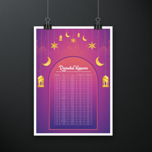 Ramadan Kareem Islamic calendar template and sehri ifter time schedule cover image.