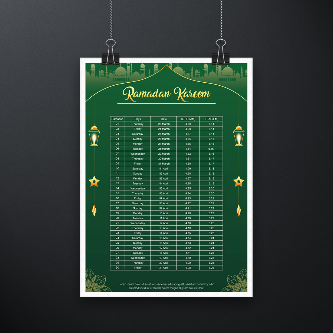 Ramadan Kareem Islamic calendar template and sehri ifter time schedule cover image.