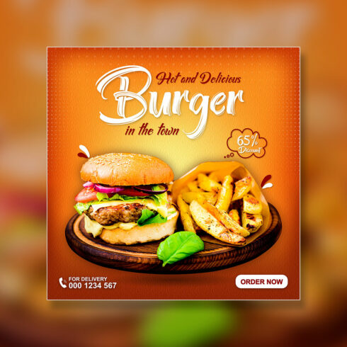 Food menu and delicious burger sale social media promotion template cover image.