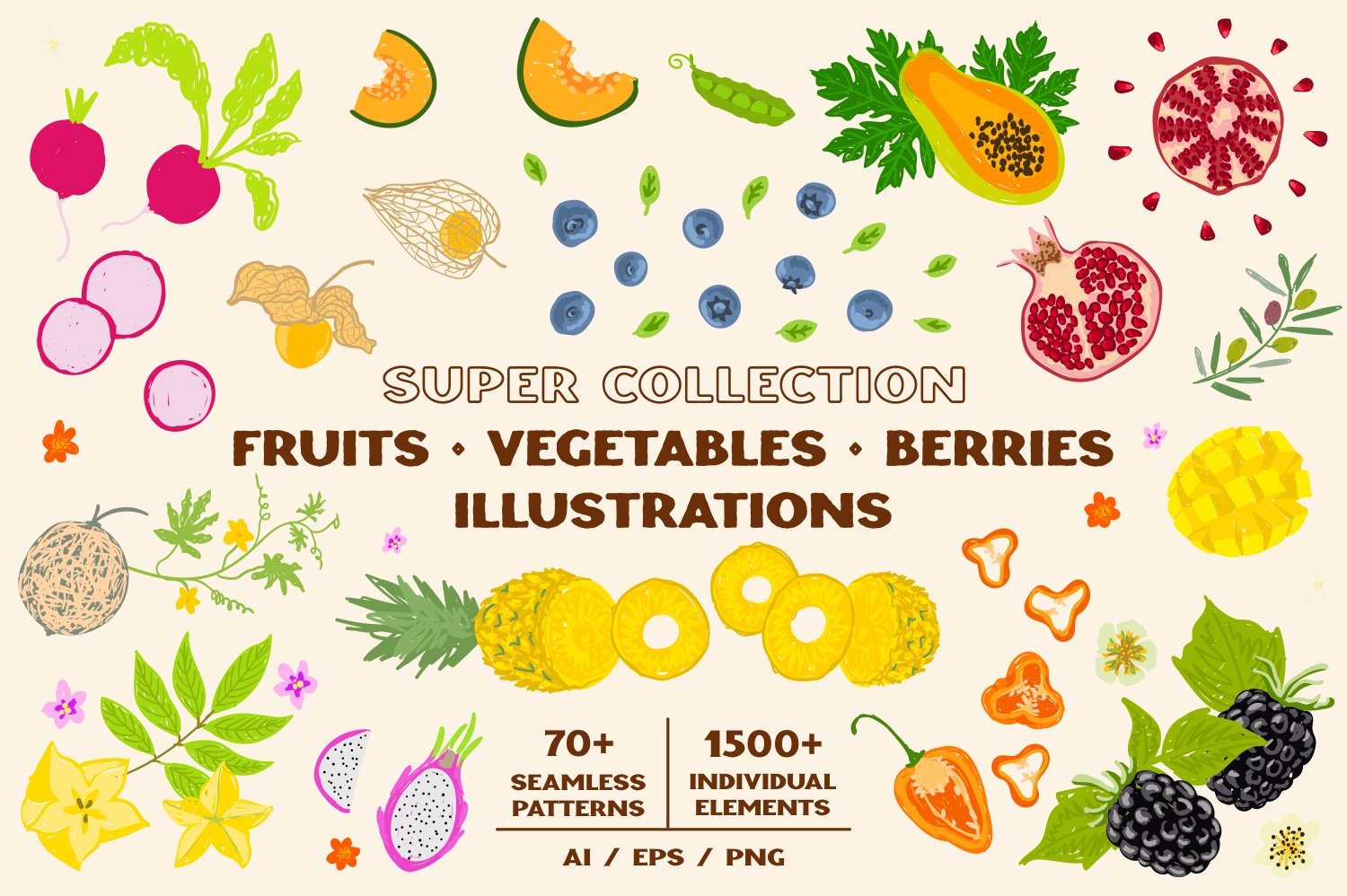 Collection fruits vegetables berries cover image.