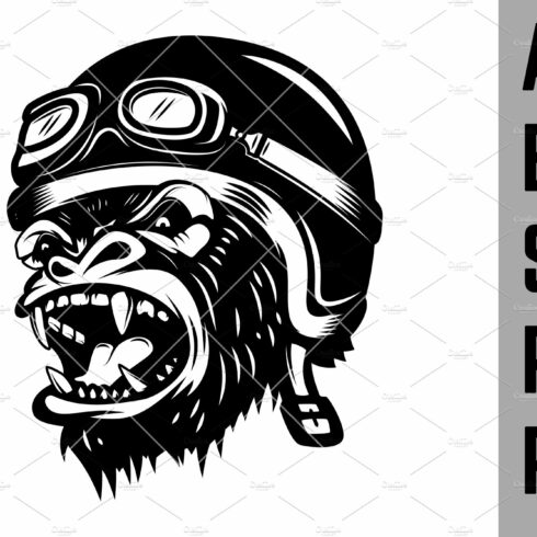 Angry gorilla ape in racer helmet. cover image.