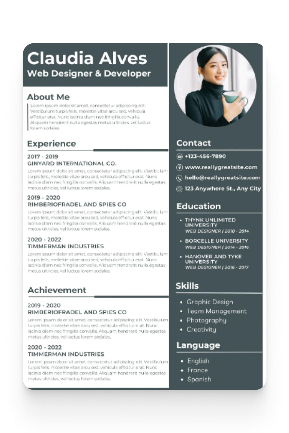 Two-column resume with round photo and white, gray background.