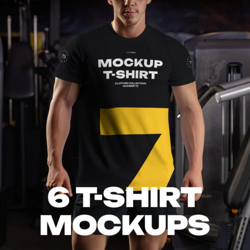 6 Mockups of the Men's T-shirt on the Bodybuilder in the Gym T-shirt with a Round Neck cover image.
