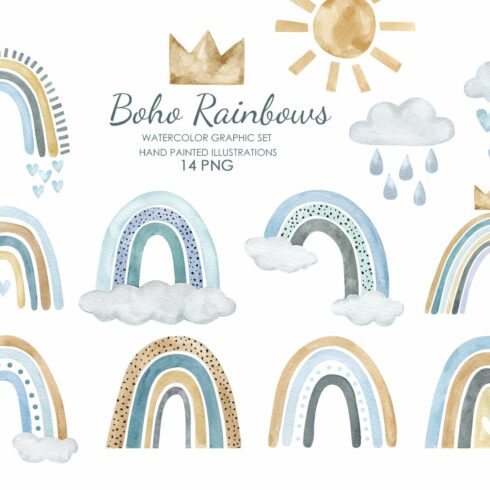 Watercolor boho rainbow clipart cover image.
