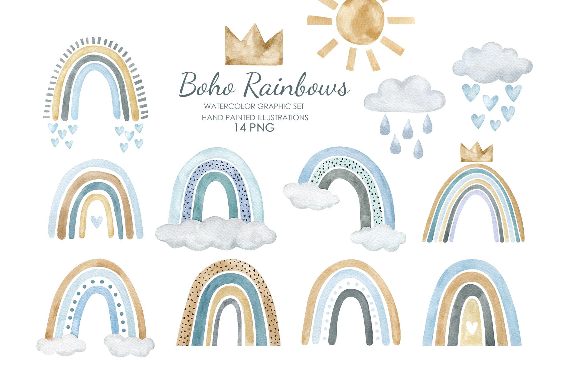 Watercolor boho rainbow clipart cover image.
