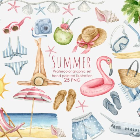 Watercolor summer beach clipart cover image.