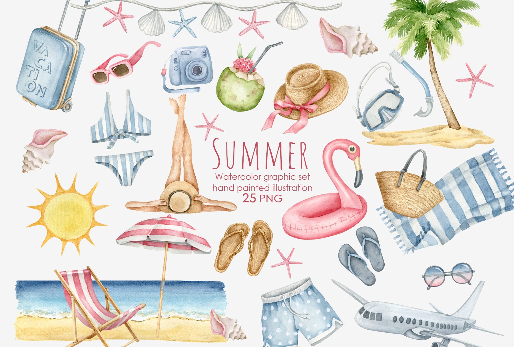 Watercolor summer beach clipart cover image.