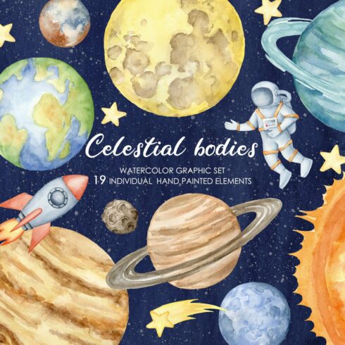 Watercolor celestial bodies clipart cover image.