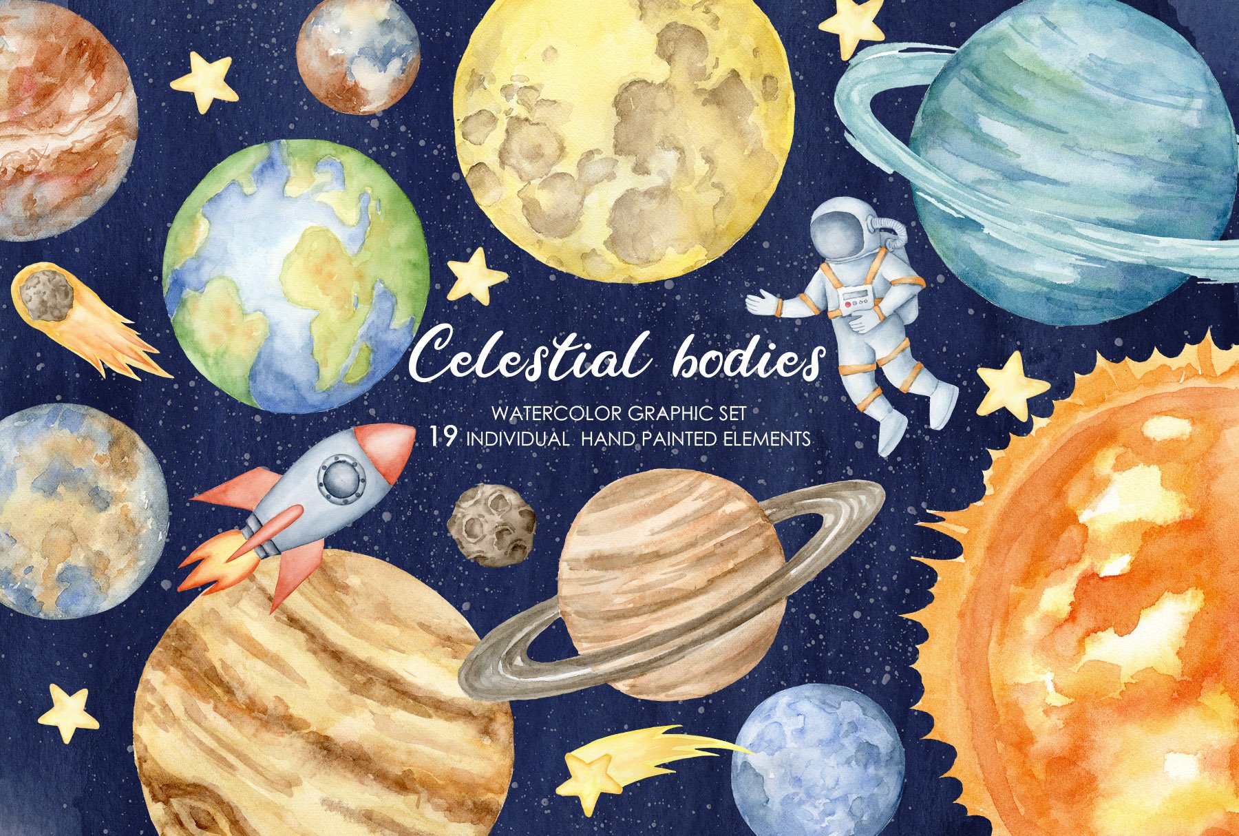 Watercolor celestial bodies clipart cover image.