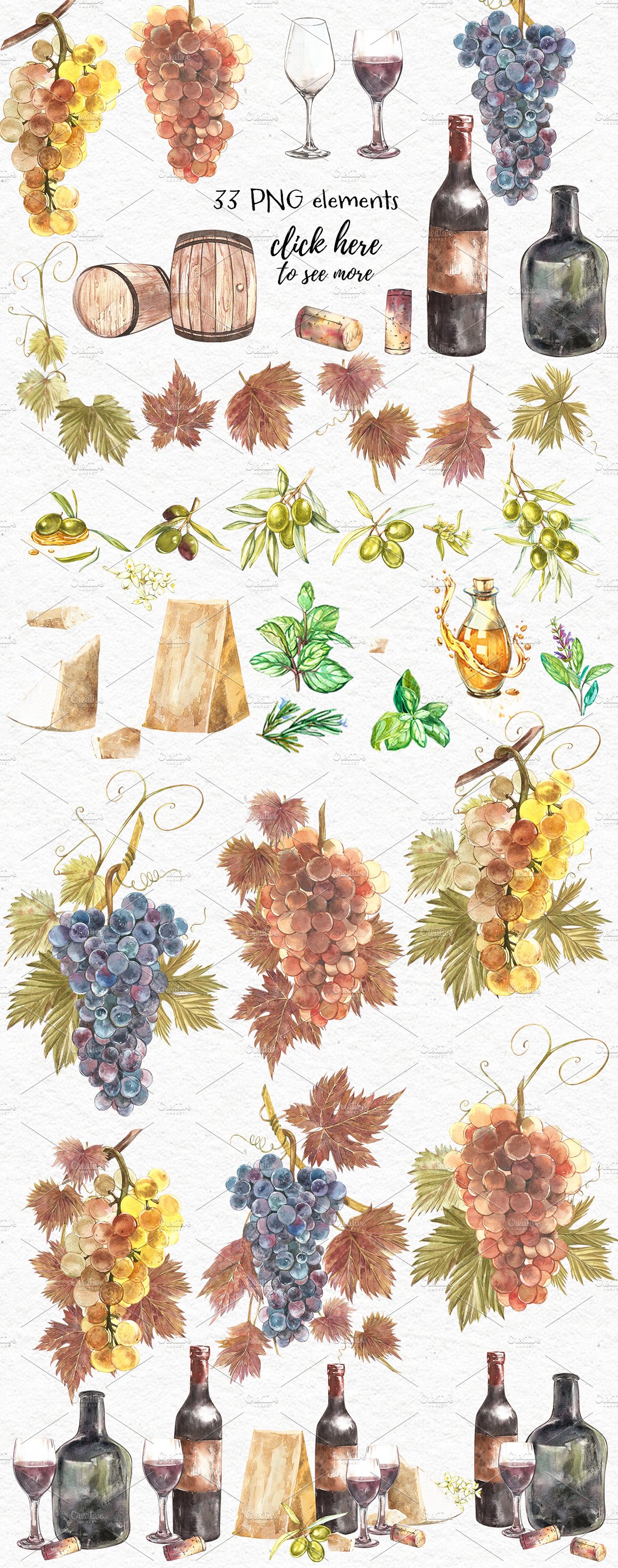 Wine and grapes set illustrations preview image.
