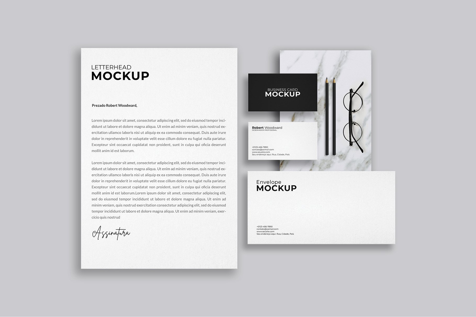 Business Card, Letterhead and Envelope Mockup Stock Template