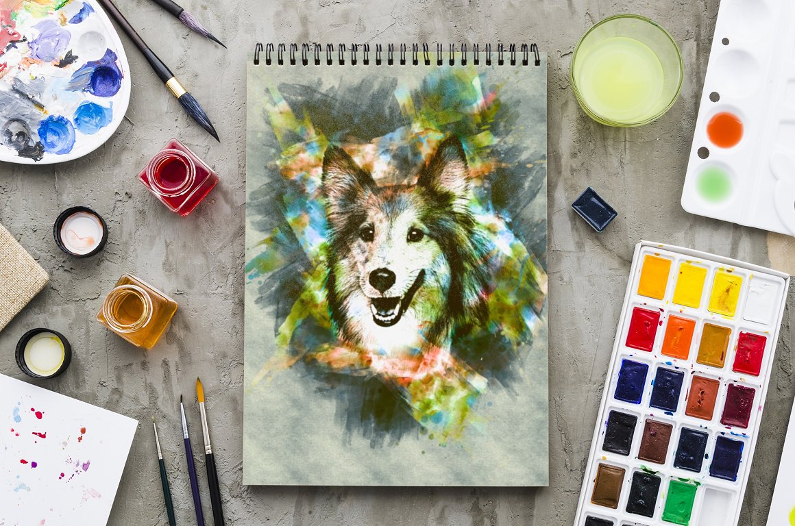 Painting of a wolf on a table.