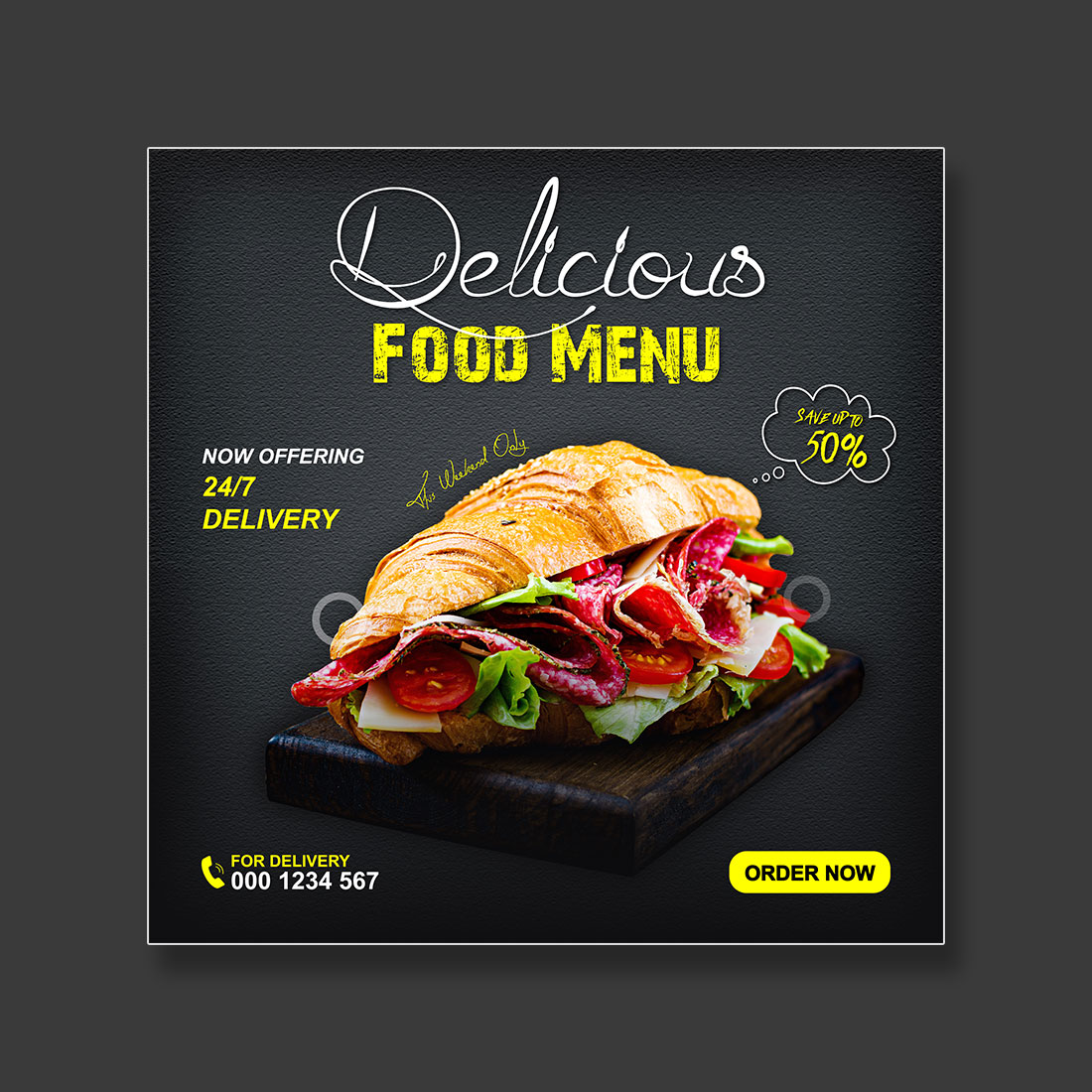 Delicious food menu social media promotion template preview image.