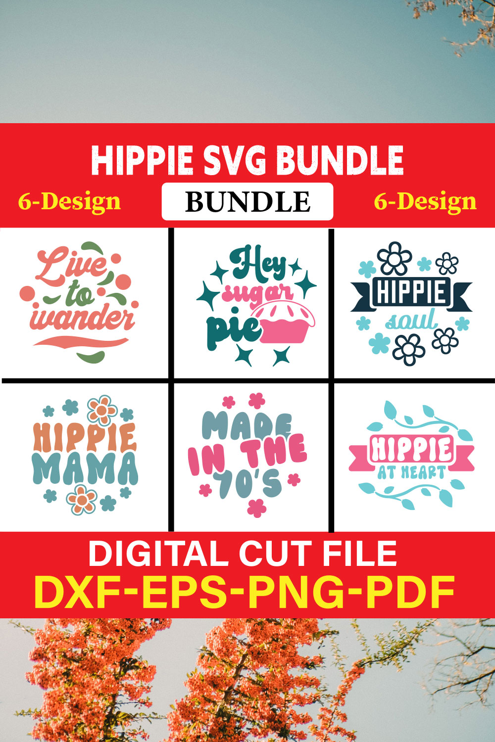 Hippie T-shirt Design Bundle Vol-2 pinterest preview image.