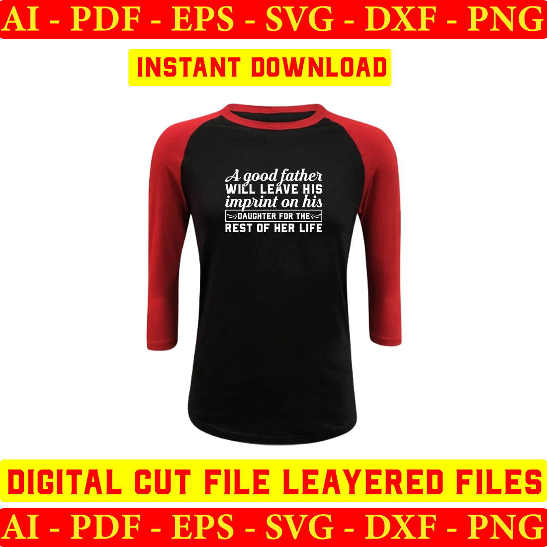 Black and red baseball shirt with the words instant file layered files.