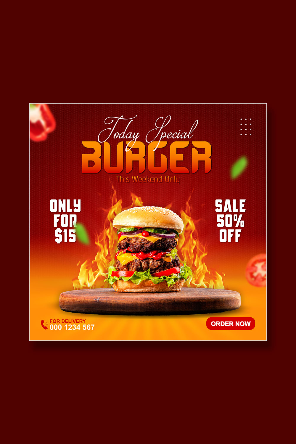 food menu and delicious burger sale social media promotion template pinterest preview image.