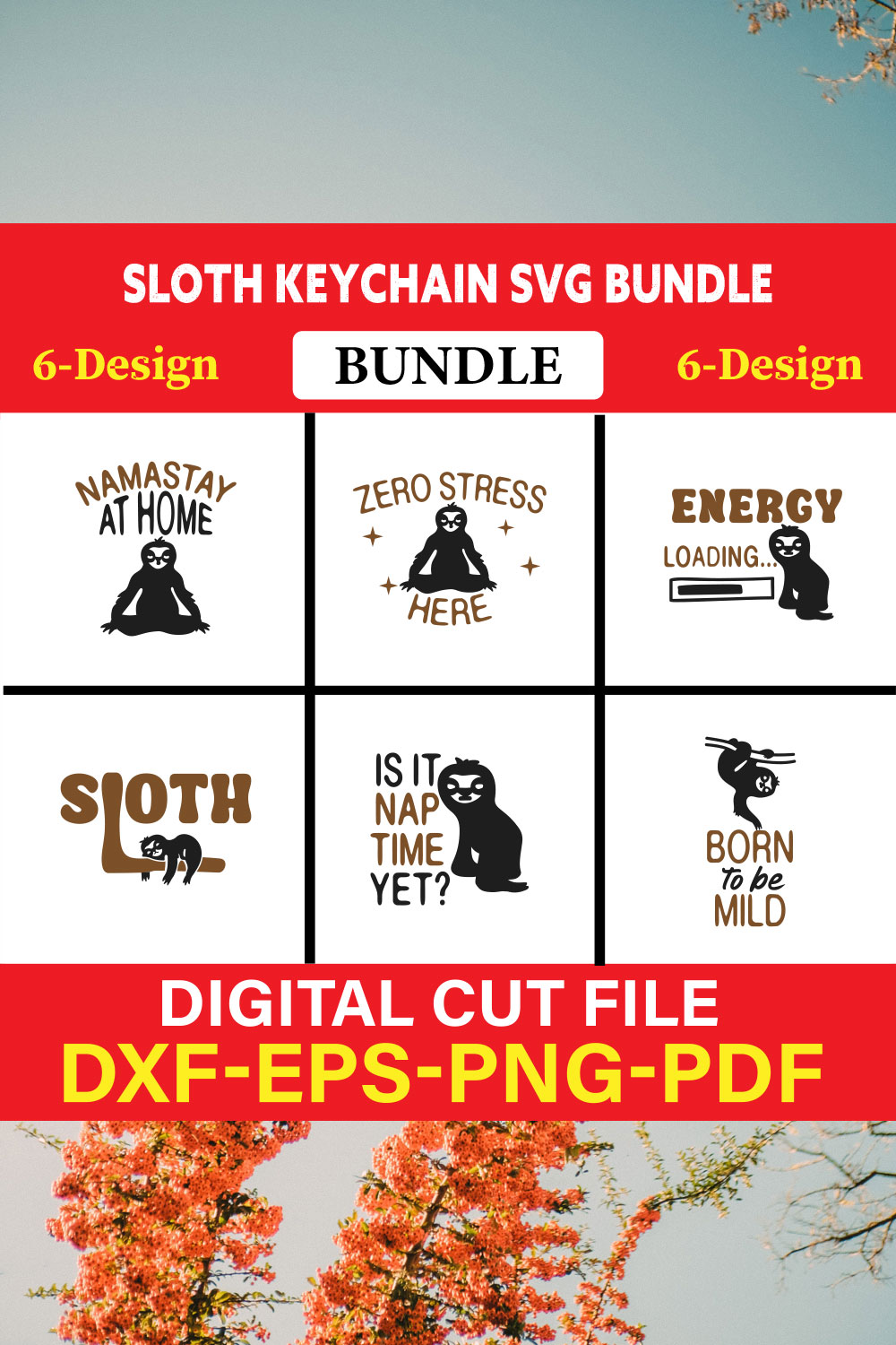 Sloth Keychain T-shirt Design Bundle Vol-2 pinterest preview image.