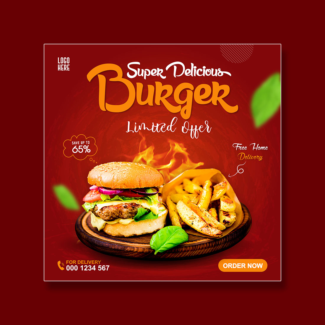 fast food or burger sale social media promotion template preview image.