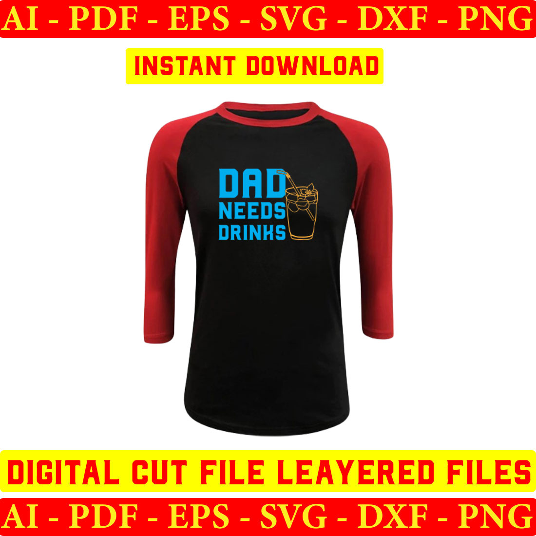 Black and red baseball shirt with the words dad needs drinks on it.