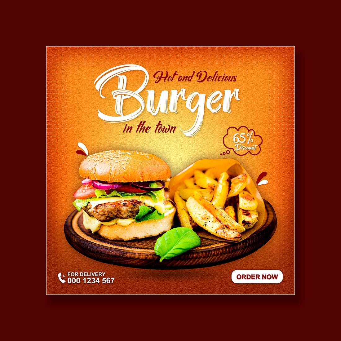 Food menu and delicious burger sale social media promotion template preview image.