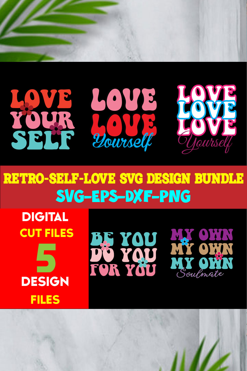 Retro-Self-Love T-shirt Design Bundle Volume-02 pinterest preview image.