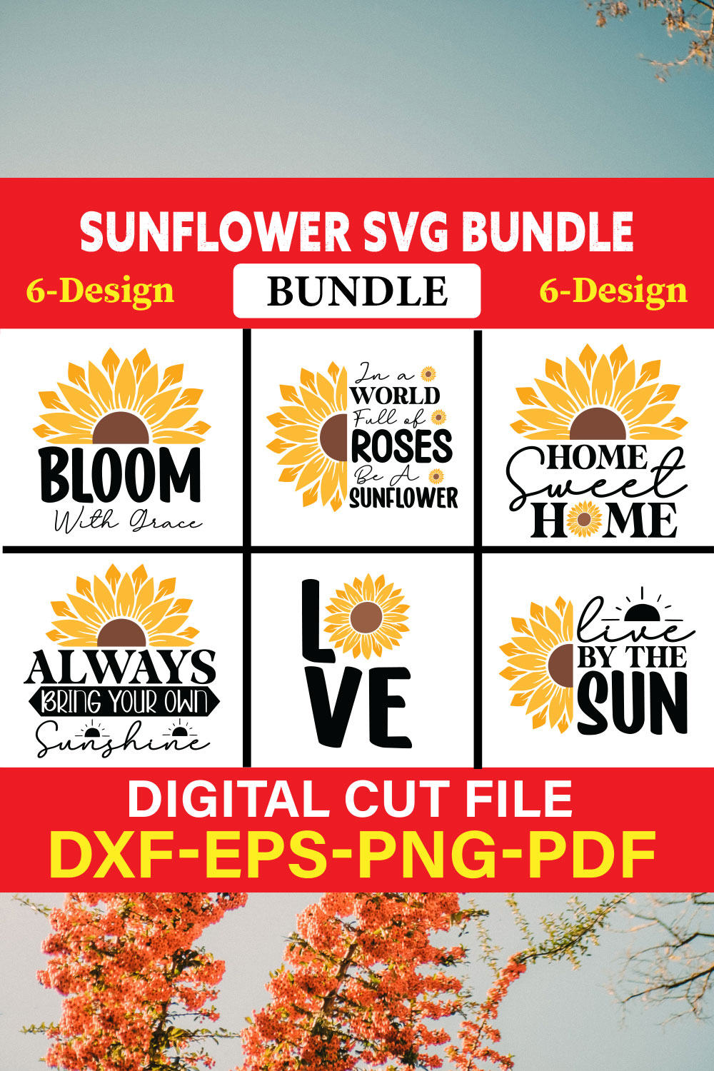 Sunflower T-shirt Design Bundle Vol-1 pinterest preview image.