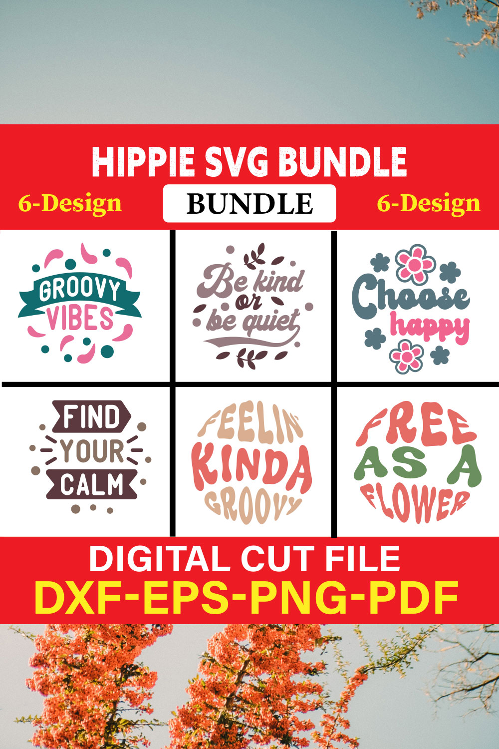 Hippie T-shirt Design Bundle Vol-1 pinterest preview image.