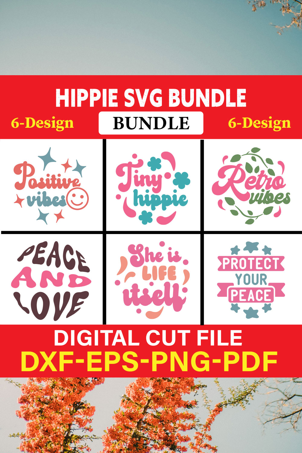 Hippie T-shirt Design Bundle Vol-3 pinterest preview image.