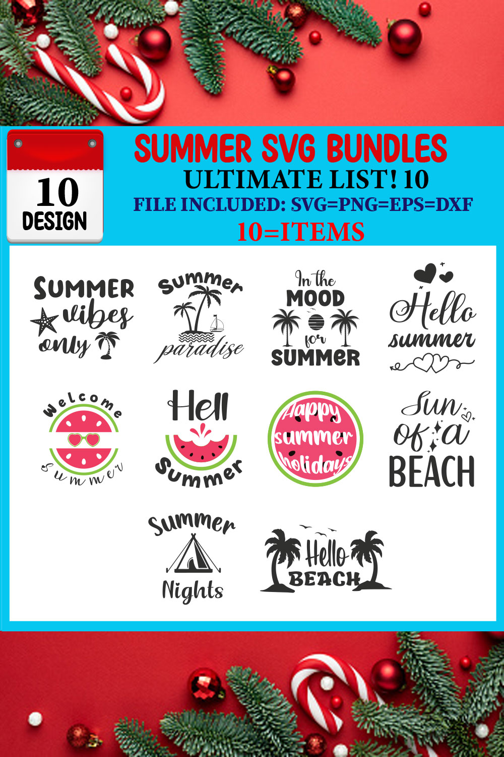 Summer SVG 10 T-shirt Design Bundle pinterest preview image.