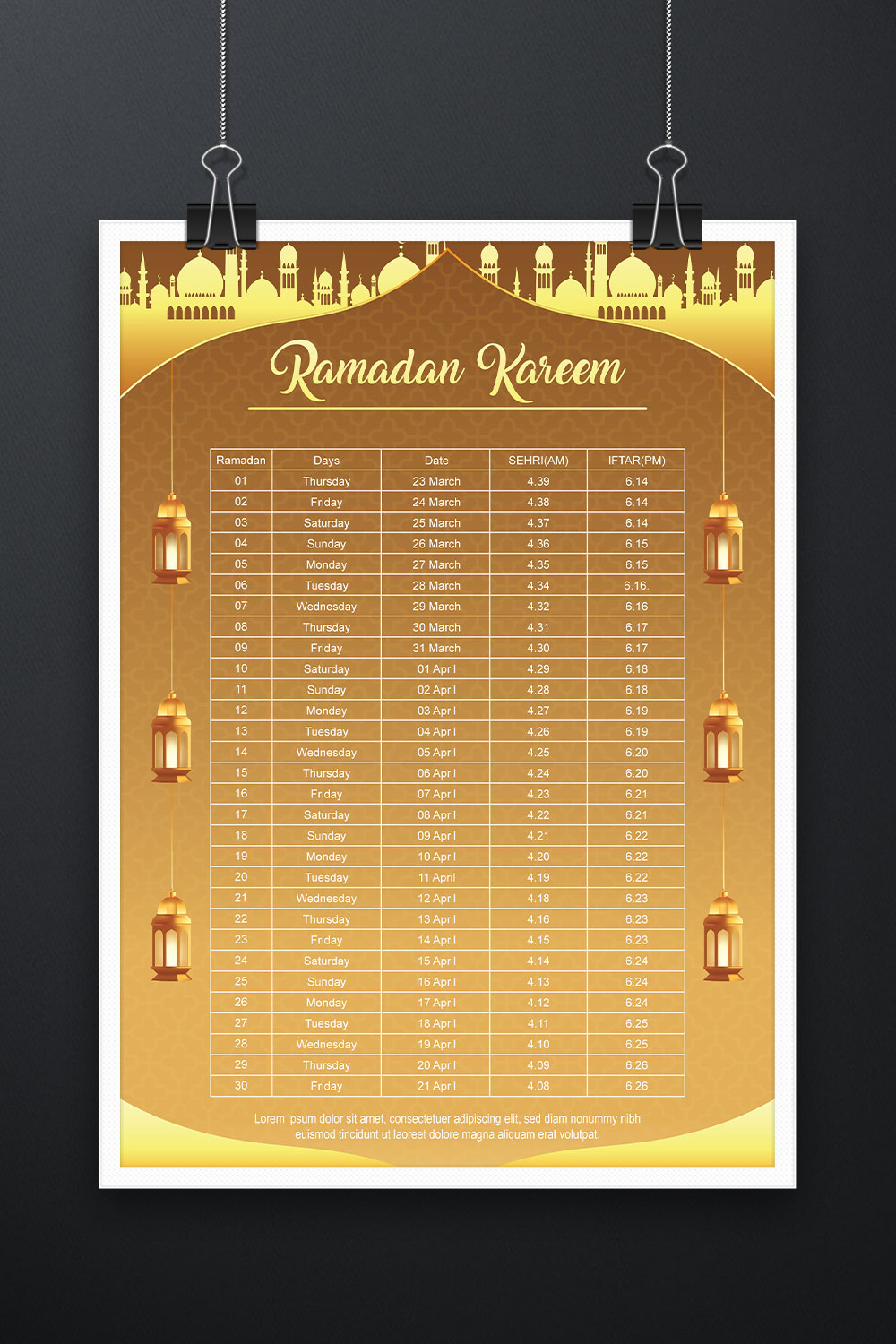 Ramadan Kareem Islamic calendar template and sehri ifter time schedule pinterest preview image.