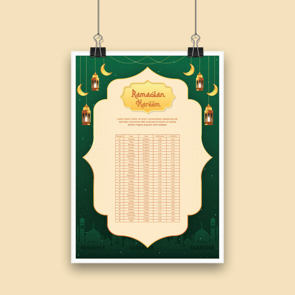 Ramadan Kareem Islamic calendar template and sehri ifter time schedule ...
