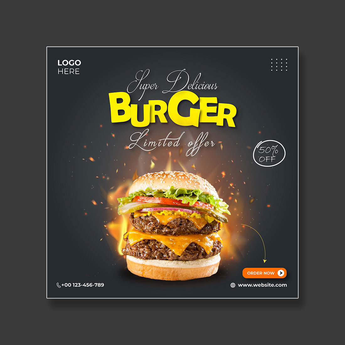 Special burger sale social media ads or post template preview image.