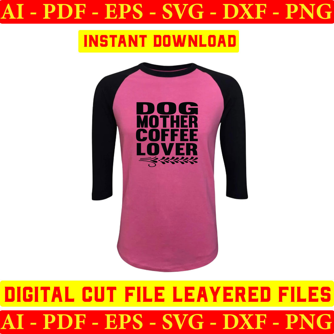 Pink and black shirt with the words dog mother coffee lover on it.