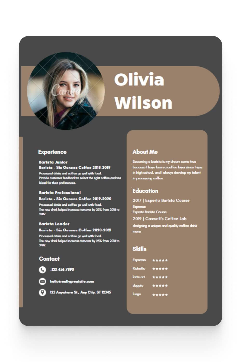 A two-column resume with a round photo and a gray background with brown accents.