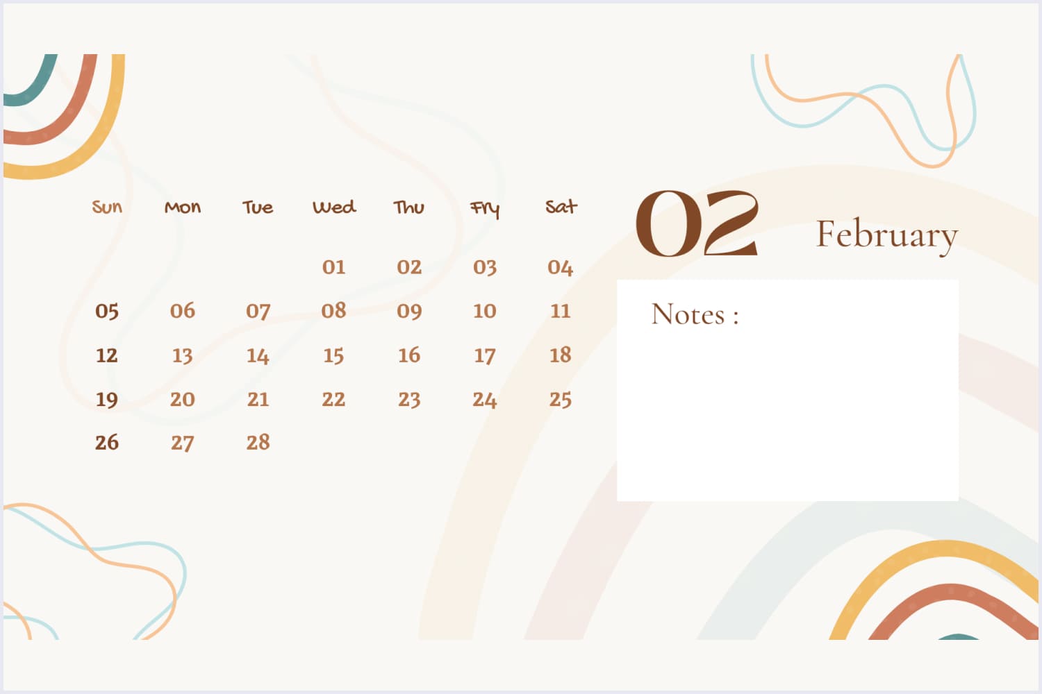 Calendar with geometric shapes on a beige background and space for notes.