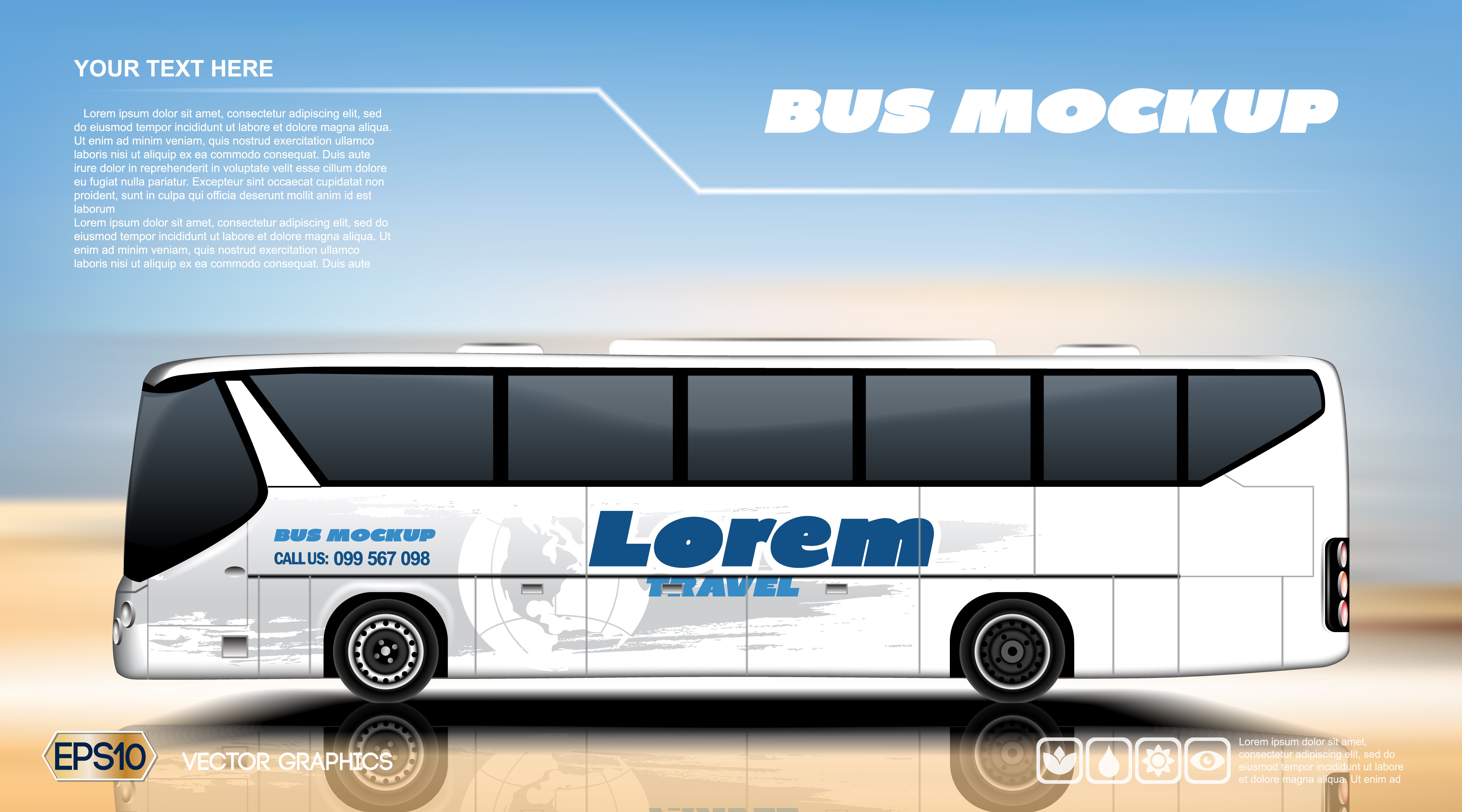 Vector blue travel bus mockup cover image.