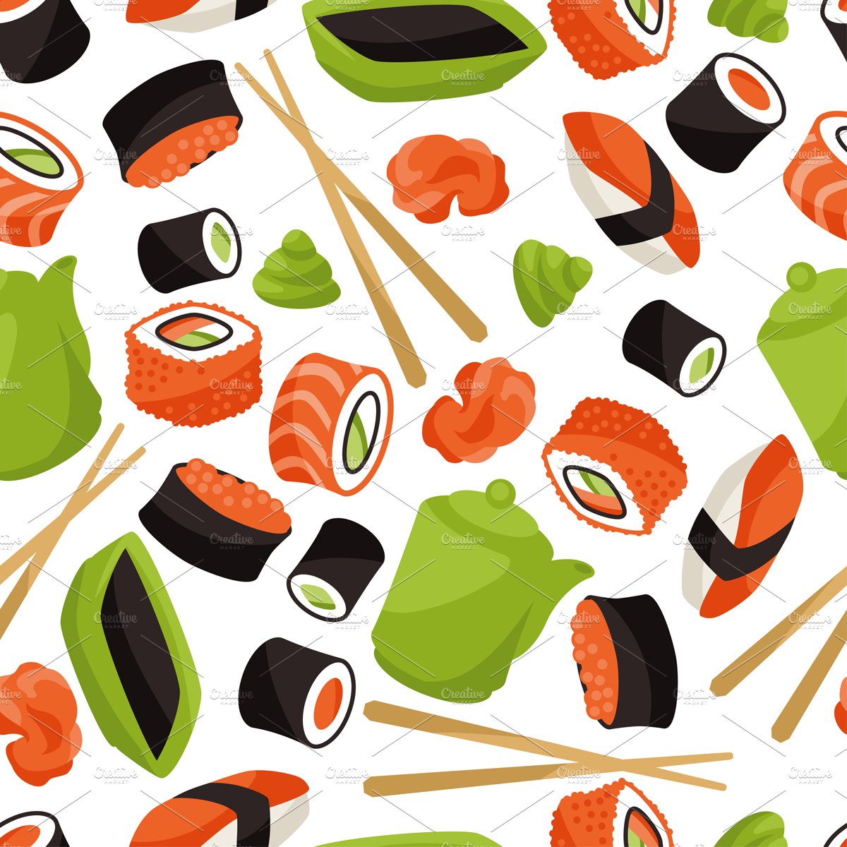 Seamless patterns with sushi preview image.