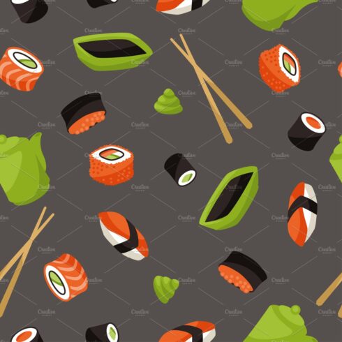 Seamless patterns with sushi cover image.