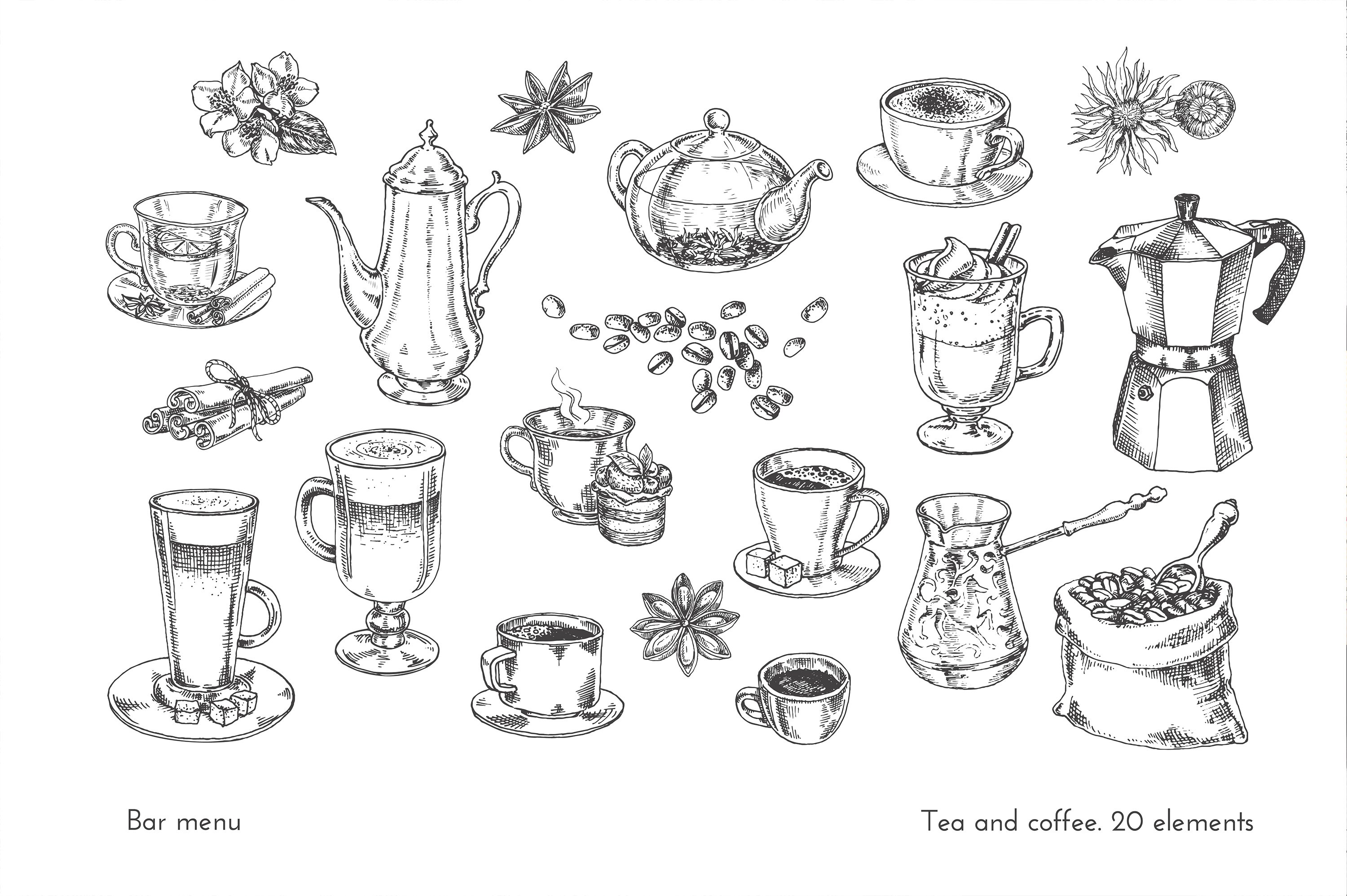 Set of sketches for the bar menu preview image.