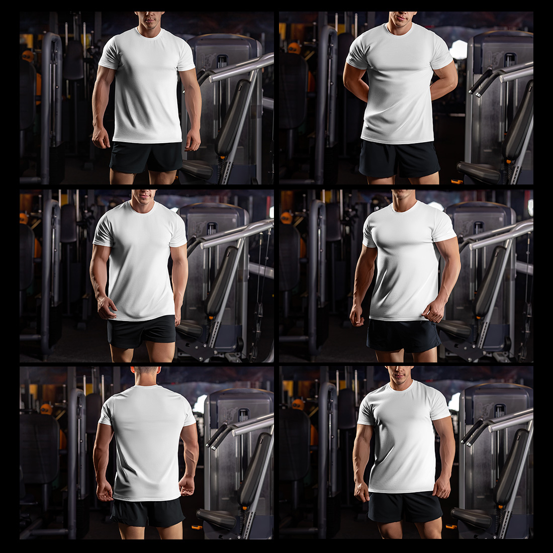 6 Mockups of the Men's T-shirt on the Bodybuilder in the Gym T-shirt with a Round Neck preview image.