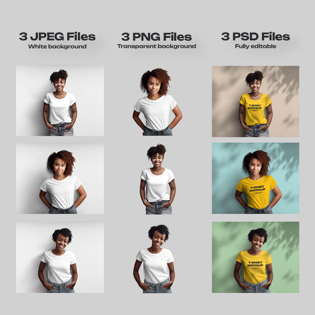 T-shirt Mockups on 3 Different African American Women Generated AI preview image.