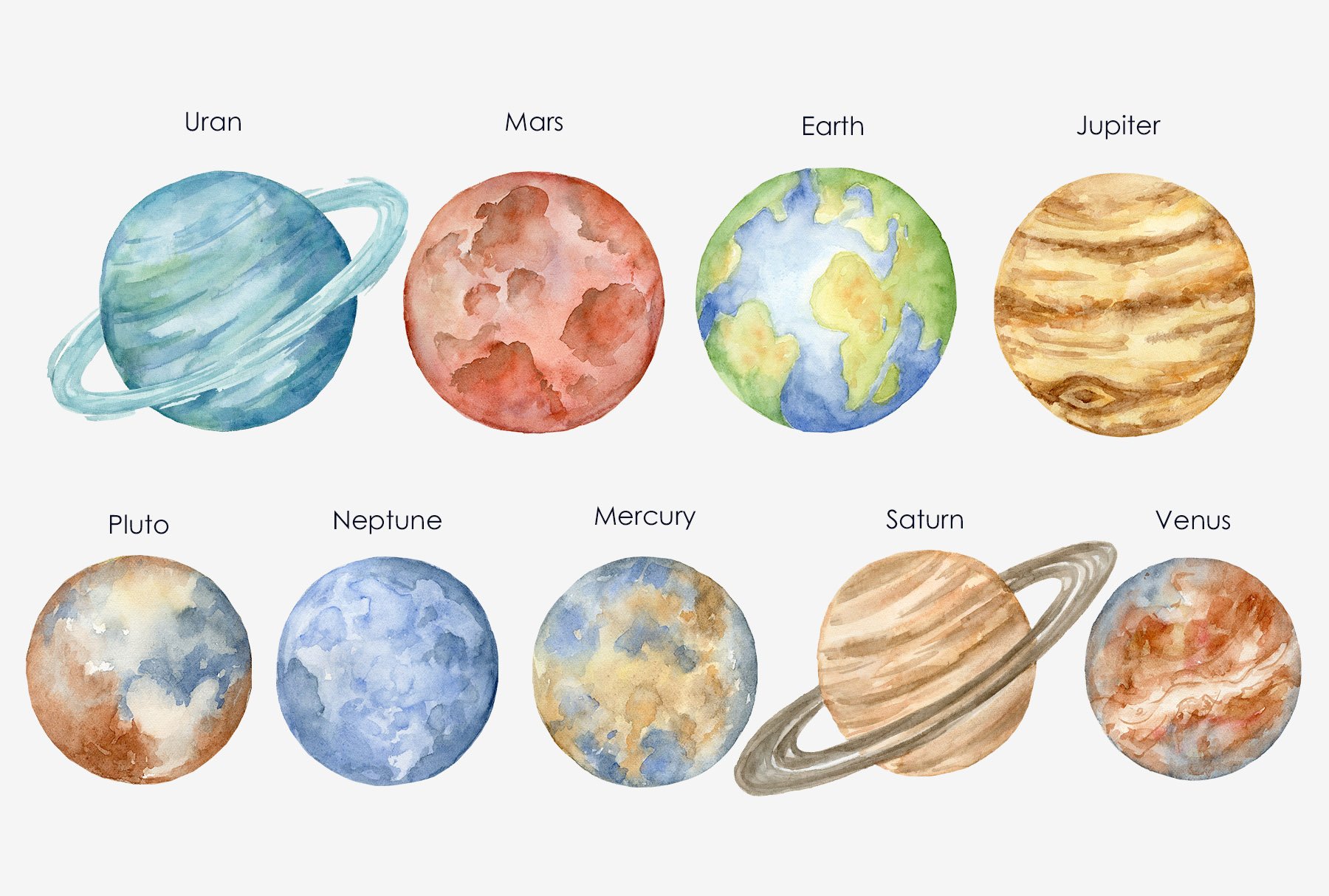 Watercolor celestial bodies clipart preview image.